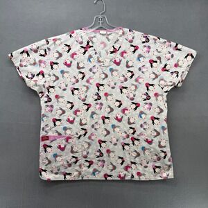 Dickies Women XL Penguin Print Scrub Top Short Sleeve V Neck White Pink Blue